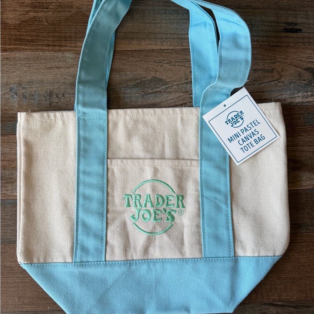 Trader Joe's Mini Canvas Tote Bag in Light Blue and Cream